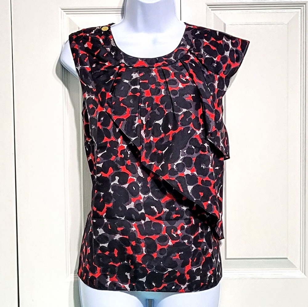 Michael Kors Silk Black Red Top Blouse Shirt Leapord Cheetah Animal Prin…